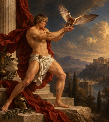 a painting of a man with a bird on his arm