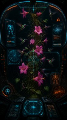 a climbing vine of flowers and hummingbirds on a dark background, tall wrapping composition, no text