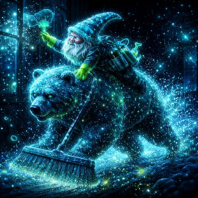 A dynamic, motion-filled photograph of extreme house cleaning. A determined gnome, wearing oversized rubber gloves and a utility belt filled with spray bottles, rides a large grizzly bear galloping through a rustic living room. The gnome is leaning off the bear, scrubbing a window with intense focus. The bear has a large push-broom rigged to its front paws, sweeping the floor as it runs. Bubbles, water droplets, and flying dust bunnies trail behind them. The style is energetic and slightly comedic.