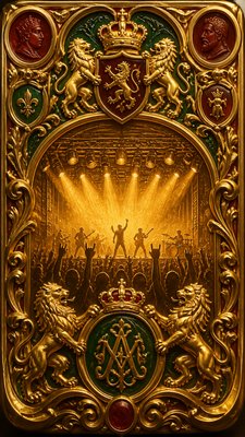 a live music scene with a glowing stage and silhouetted crowd, energetic vertical composition with open space at the top, no text