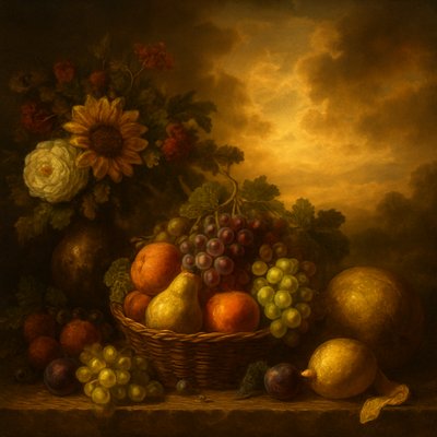 still life arrangement of fruits and flowers