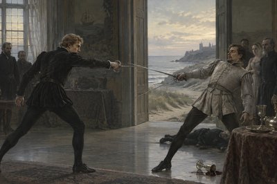 Hamlet Prince of Denmark fights a duel with swords to their deaths by poison and sword