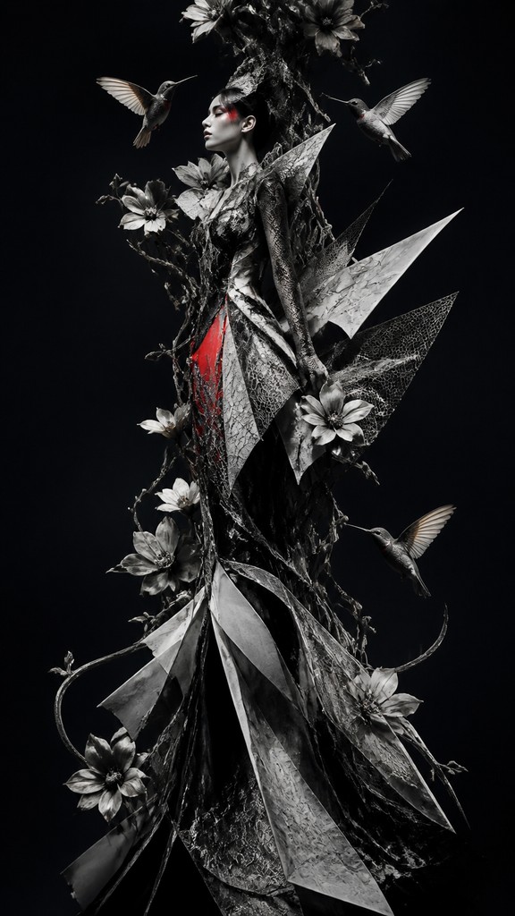 a climbing vine of flowers and hummingbirds on a dark background, tall wrapping composition, no text