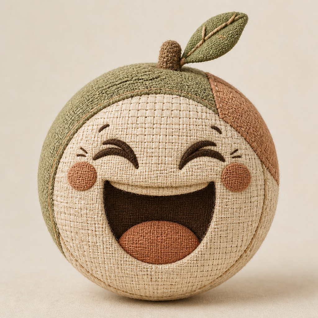 an exaggerated laughing face of an original round mascot character, bold and readable at small size, plain background, no text