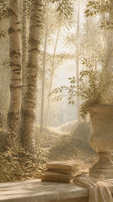 a serene birch forest in soft morning light, no people, no text