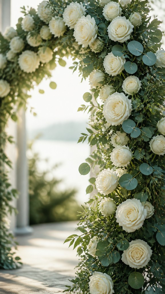 an arch of white roses and eucalyptus in soft morning light, elegant vertical composition with open space, no text