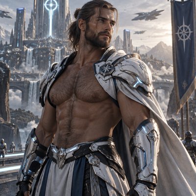 Je veux que tu me fasses un guerrier, tres modern avec une armure moderne genre full blanc argenté bleu claire avec le torse non couvert, on voit ses muscle et il a une barbe et des cheveux lisse mi long attacheé en arriere avec un elastic il est hot et un peu poilu pour le realisme il est brun et a des yeux bleu clair on dirait presque un dieu nordick modern , je repete on voit son torse poilu