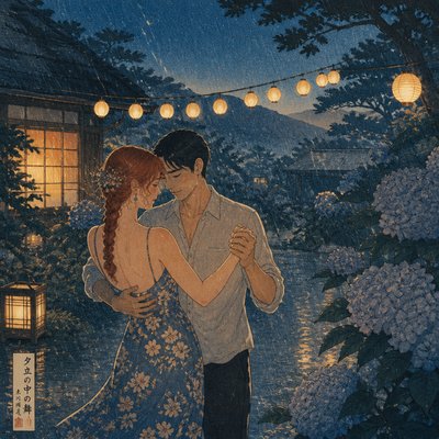 an original couple dancing under string lights in a garden at dusk: a man with short black hair in a linen shirt and a woman with braided red hair in a summer dress