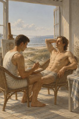 a painting of a man sitting in a chair next to another man