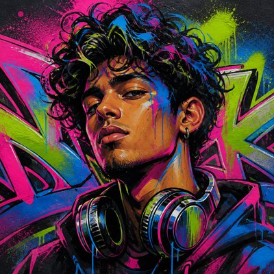 head-and-shoulders portrait of an original character: a young man with curly dark hair and headphones around his neck, plain backdrop, no text