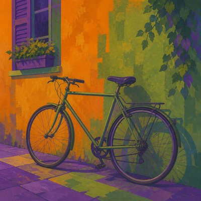 bicyle resting against a wall — Secondary Colors Art Style