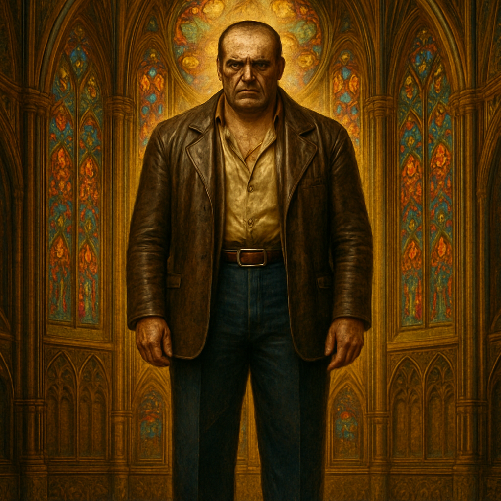 a painting of a man standing in front of a stained glass window