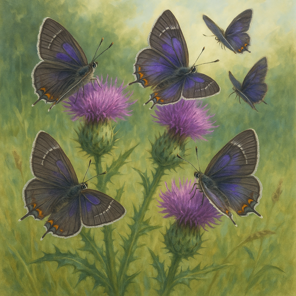 several purple hairstreak butterflies fluttering around purple thistle flowers 