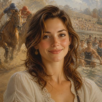 head-and-shoulders portrait of an original character: a young woman with wavy chestnut hair and a warm smile, plain soft backdrop