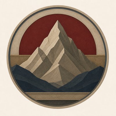 an emblem of a mountain peak inside a circle, simple bold shapes on a plain background, no text or lettering