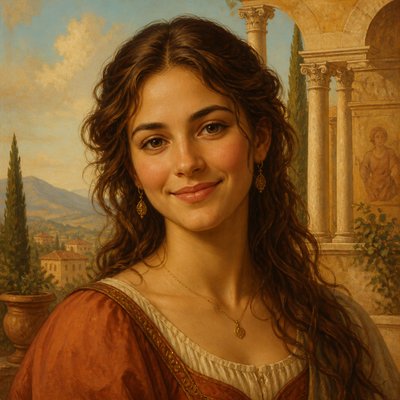 head-and-shoulders portrait of an original character: a young woman with wavy chestnut hair and a warm smile, plain soft backdrop