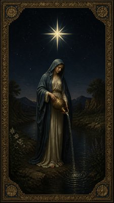 a robed figure pouring water beneath a large eight-pointed star in a night sky, symmetrical composition with an ornate decorative border, no text