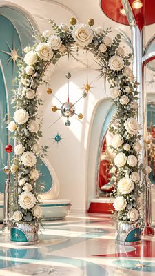 an arch of white roses and eucalyptus in soft morning light, elegant vertical composition with open space, no text