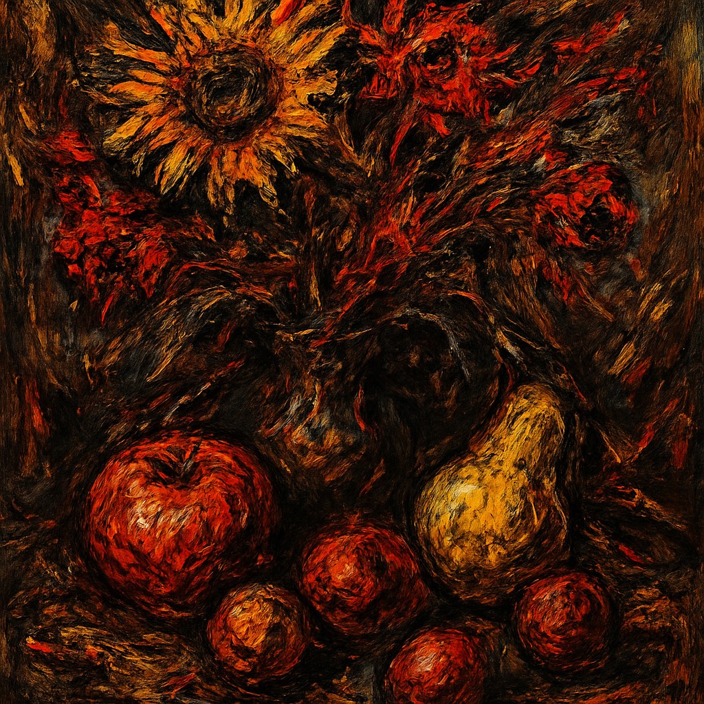 still life arrangement of fruits and flowers