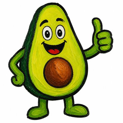 a happy avocado character giving a thumbs up, bold readable design on a plain background, no text