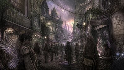 bustling city street panorama at dusk