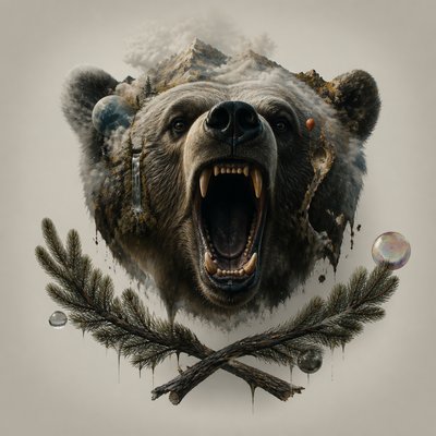 a roaring bear head above crossed pine branches, bold graphic composition on a plain background, no text