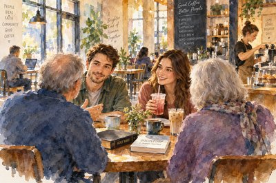 In a quiet coffee shop with only a few customers a young couple sits at a table facing us.  An older couple sit on this side of the table with their backs to us.  There's a Bible and another book on the table in front of them.  Each person has a drink.  2 inviiting cups of coffee an iced latte sit on the table, and the young woman sitting on the other side of the table facing us is drinking some kind of fruity clear drink from a straw in a tall plastic see through cup .  They two couples are deeply engaged in conversation.  Nearby a barista brews a latte for another customer.  This is a great place for a discipleship coaching session.