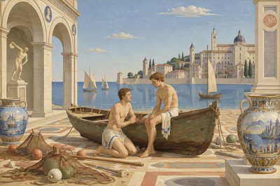 a painting of two men sitting in a boat