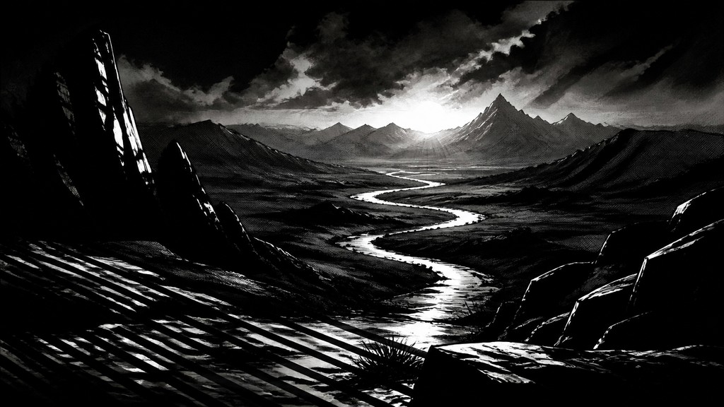 a vast valley with a river winding toward distant mountains at sunrise, no people, no text