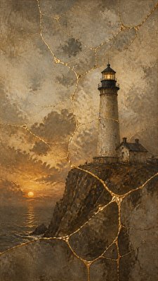 a lone lighthouse on a cliff at dusk under a dramatic sky, no text or lettering
