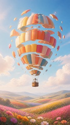 a hot air balloon drifting over rolling flower fields on a sunny day, cheerful, no text
