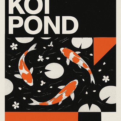 A koi pond seen from above, orange and white koi fish swimming among lily pads, clear water with subtle ripples, fallen cherry blossom petals floating on the surface, dappled sunlight