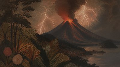 an erupting volcano with lightning strikes, dramatic wide composition, no text