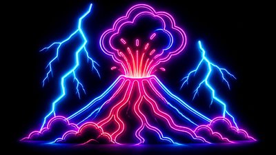 an erupting volcano with lightning strikes, dramatic wide composition, no text