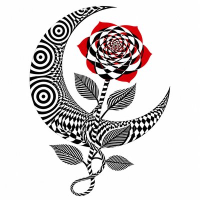 a rose entwined with a crescent moon, clean balanced composition on a plain background, no text