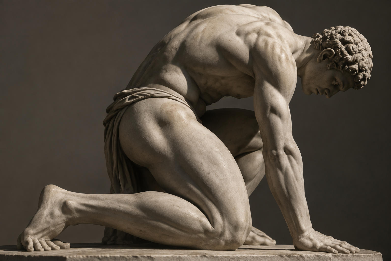 ancient greek athlete curving his back while kneeling on the ground