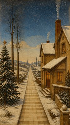 a snow-covered cottage with warm glowing windows beside a decorated pine tree, gentle snowfall, no text