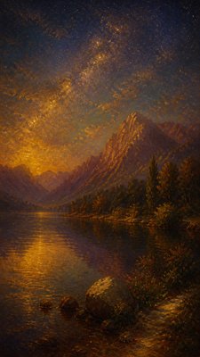 a tranquil mountain lake beneath a starry night sky, no people, no text