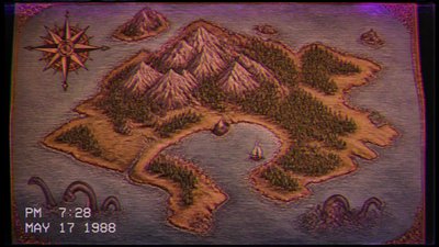 a map of an island realm with mountains, forests, a sheltered bay, sea monsters in the water and a compass rose, no text labels