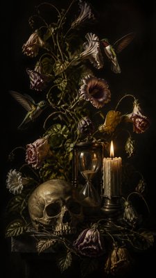 a climbing vine of flowers and hummingbirds on a dark background, tall wrapping composition, no text