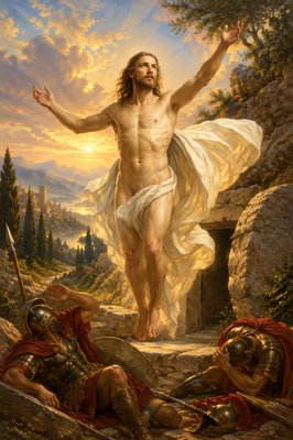 a painting of jesus on the cross surrounded by men