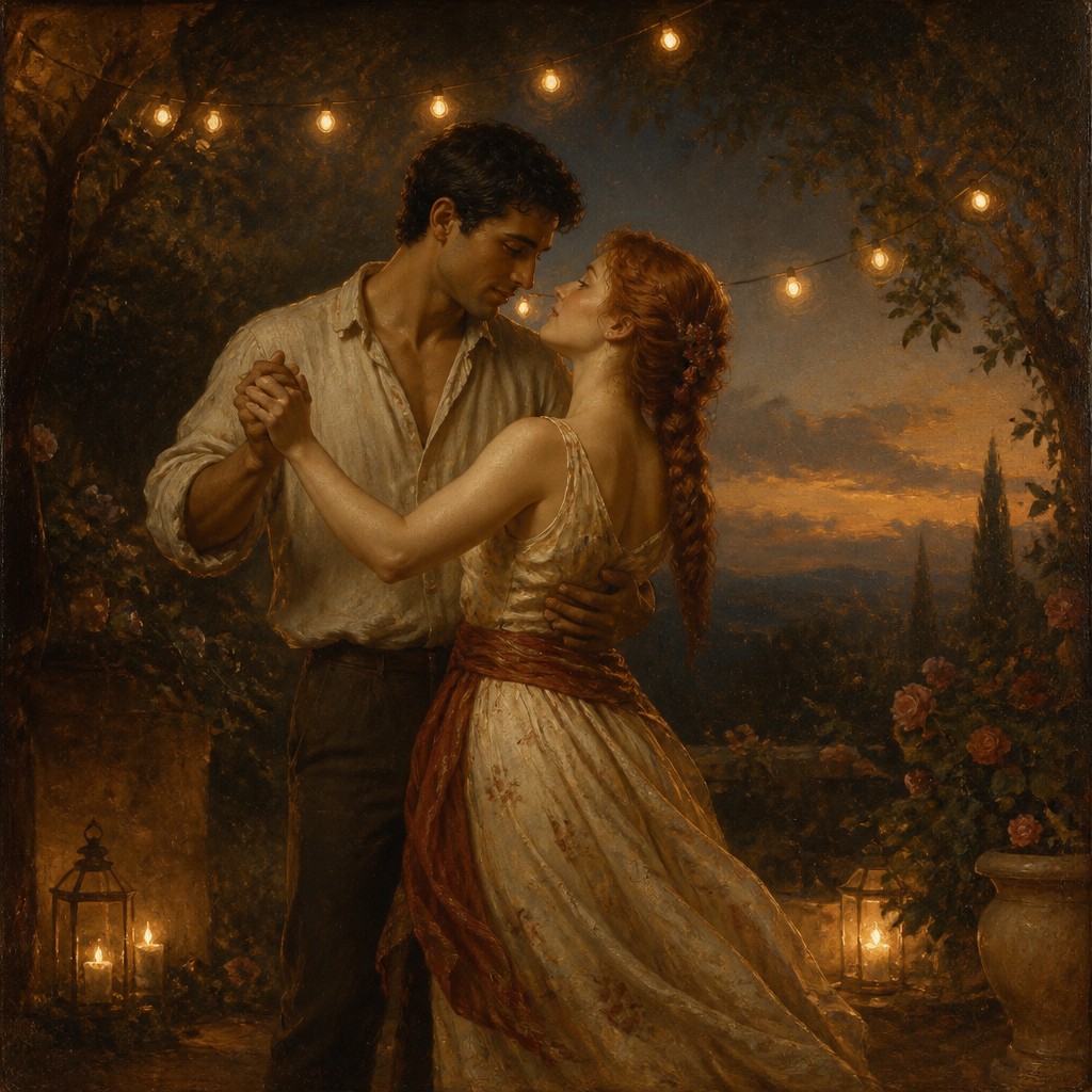 an original couple dancing under string lights in a garden at dusk: a man with short black hair in a linen shirt and a woman with braided red hair in a summer dress