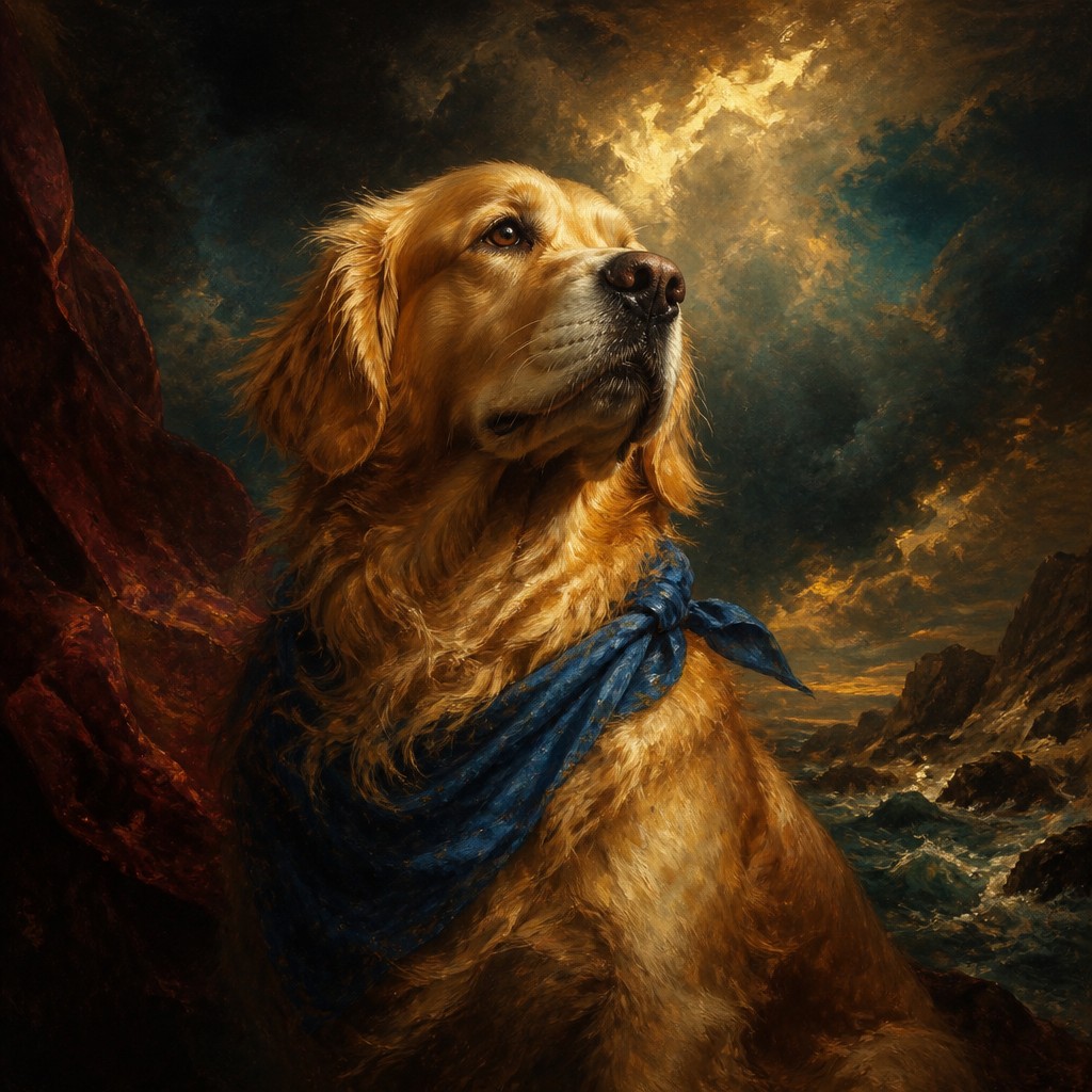 portrait of a golden retriever wearing a blue bandana, warm plain backdrop, no text