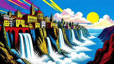 a cliffside city with waterfalls cascading into a misty canyon, wide establishing shot, no people, no text