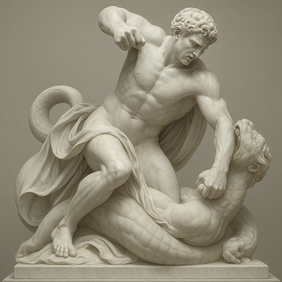 a statue of a man holding a dragon