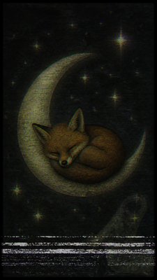 a sleeping baby fox curled on a crescent moon among soft stars, gentle and warm, no text