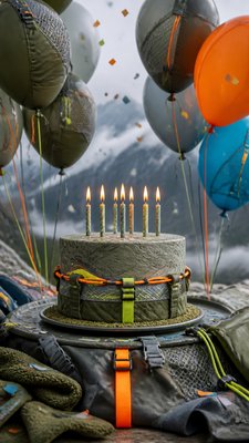 a birthday cake with lit candles surrounded by balloons and confetti, festive vertical composition, no text