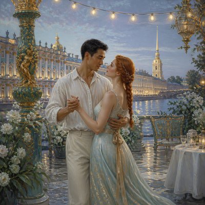 an original couple dancing under string lights in a garden at dusk: a man with short black hair in a linen shirt and a woman with braided red hair in a summer dress