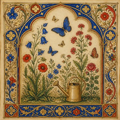 a garden scene with butterflies, flowers and a watering can, clean uncolored line art, no text