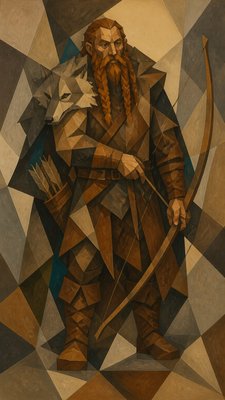 full-body original character: a dwarven ranger with a braided auburn beard, worn leather armor, a longbow and a wolf-pelt cloak, neutral background, no text